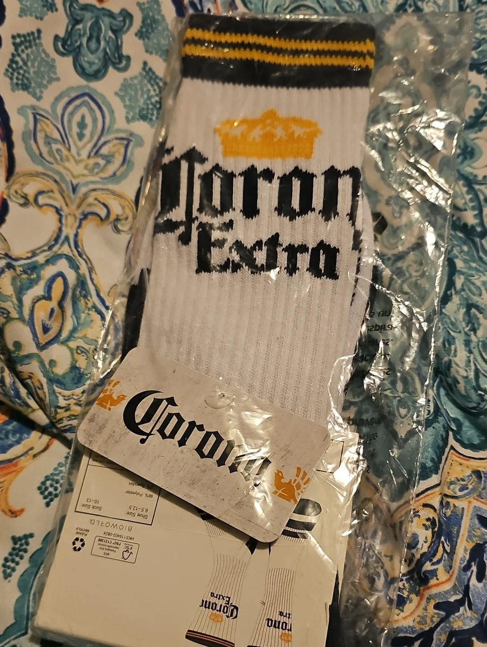 Corona White Crew Socks with Black Logo and Yellow Crown